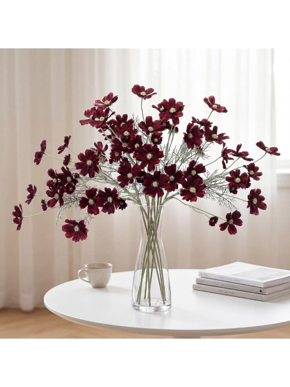 12 Pcs Burgundy Red Silk Cosmos Flowers - 24'' Tall Artificial Floral Decor